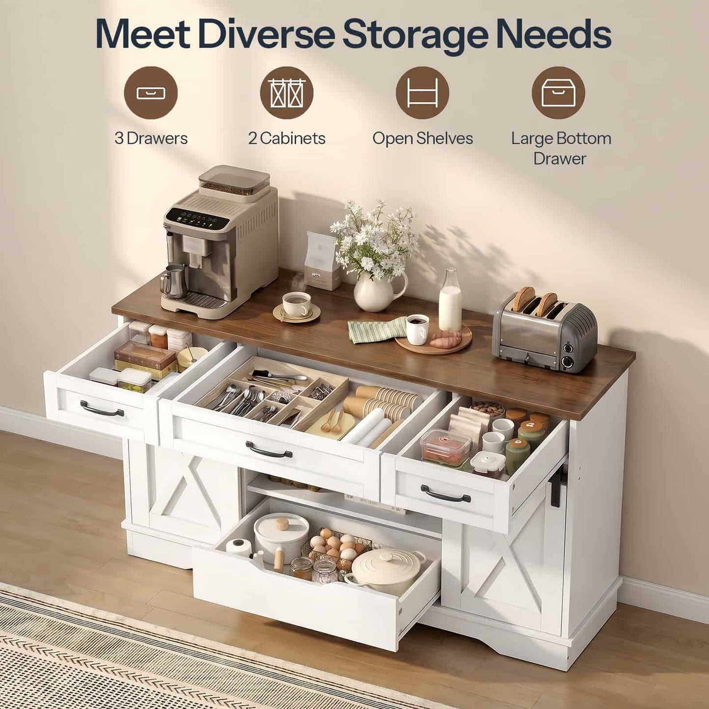 High-angle open view demonstrating diverse storage spaces including 3 drawers, 2 barn doors, adjustable shelves, and a large bottom drawer.