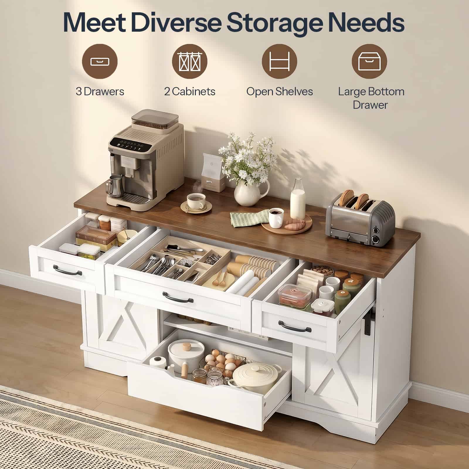 High-angle open view demonstrating diverse storage spaces including 3 drawers, 2 barn doors, adjustable shelves, and a large bottom drawer.