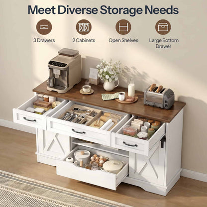High-angle open view demonstrating diverse storage spaces including 3 drawers, 2 barn doors, adjustable shelves, and a large bottom drawer.