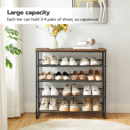 Large capacity mesh shoe rack organizer holding 4 pairs of shoes on each tier