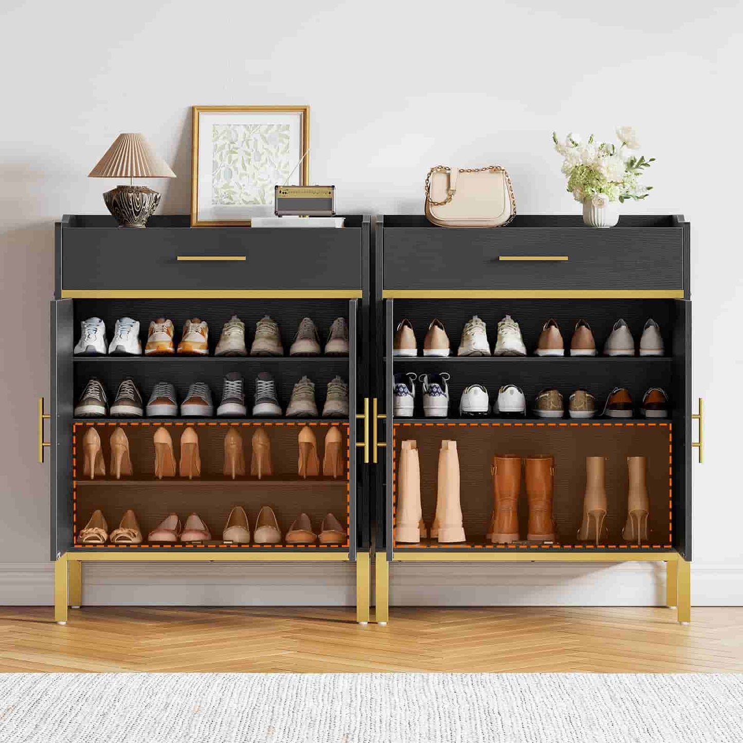 Side-by-side open view of the shoe storage system holding dozens of sneakers, high heels, and boots neatly.