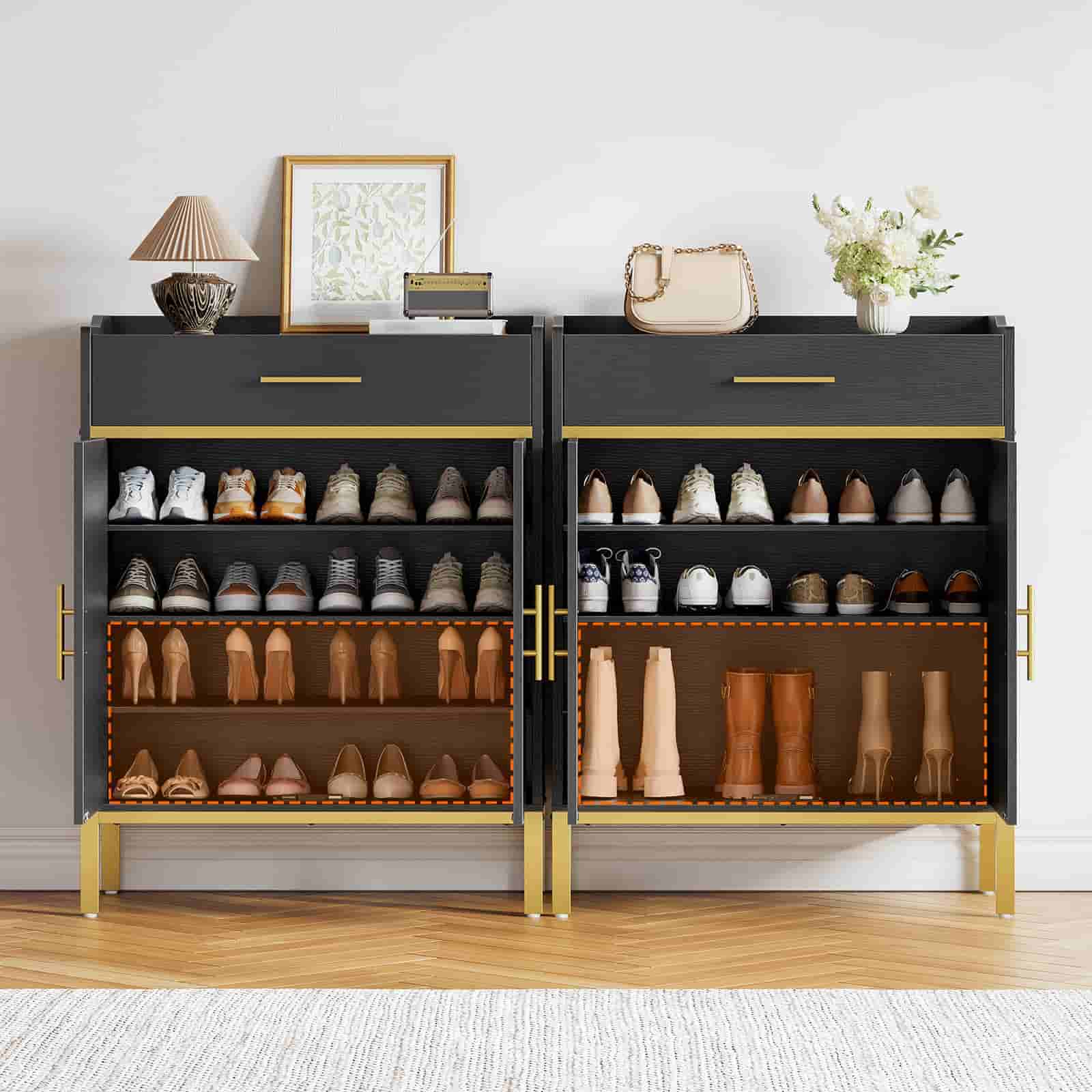 Side-by-side open view of the shoe storage system holding dozens of sneakers, high heels, and boots neatly.