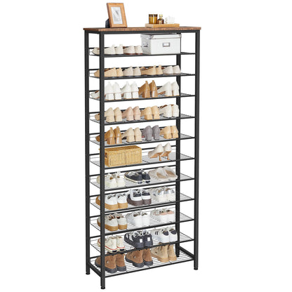 Large capacity shoe rack holding multiple rows of colorful running sneakers, flat sandals, and high heels.