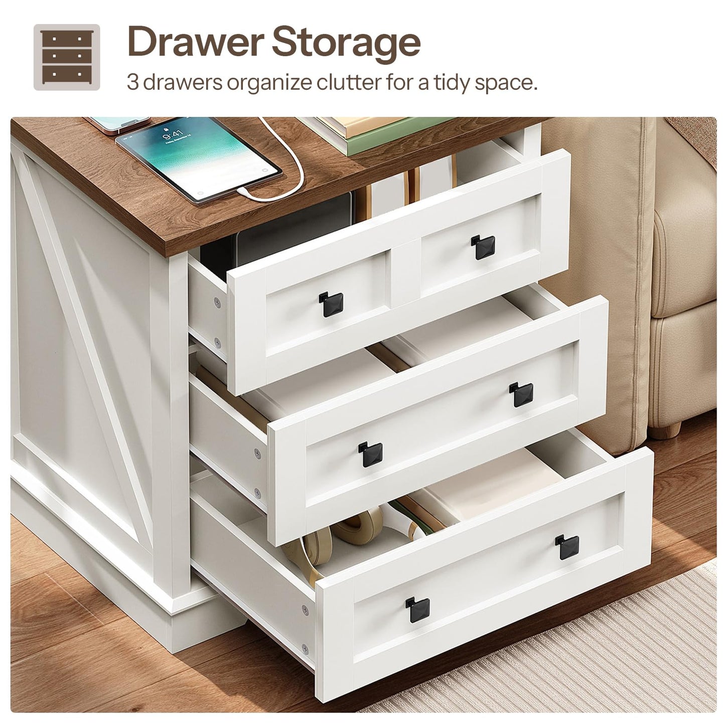 Close-up of the large drawer storage capacity holding clothes and electronic accessories.