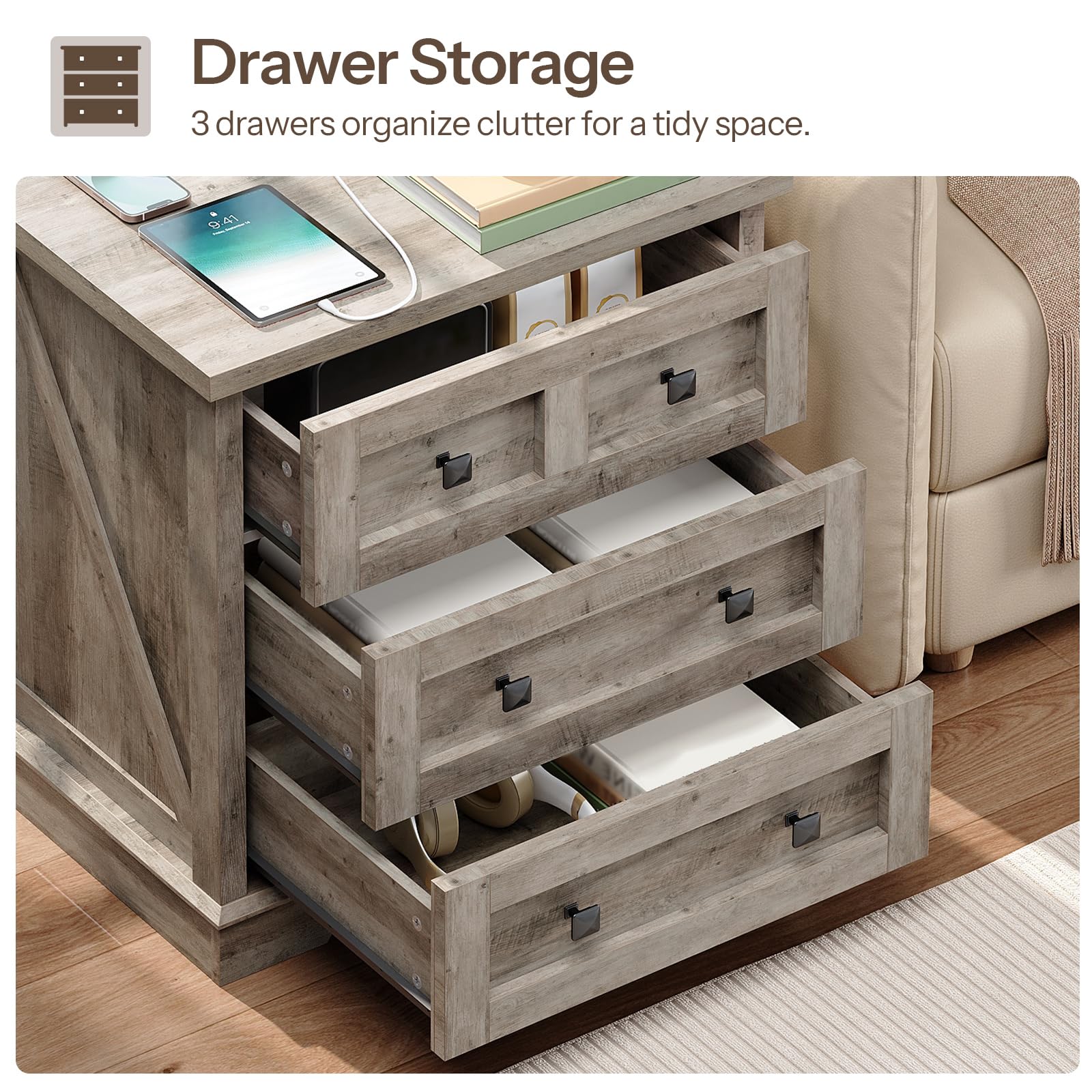 Side view of the nightstand with three fully opened drawers showing ample storage space for bedroom clothing and blankets.