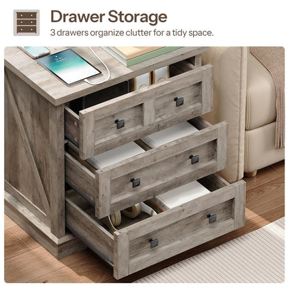 Side view of the nightstand with three fully opened drawers showing ample storage space for bedroom clothing and blankets.