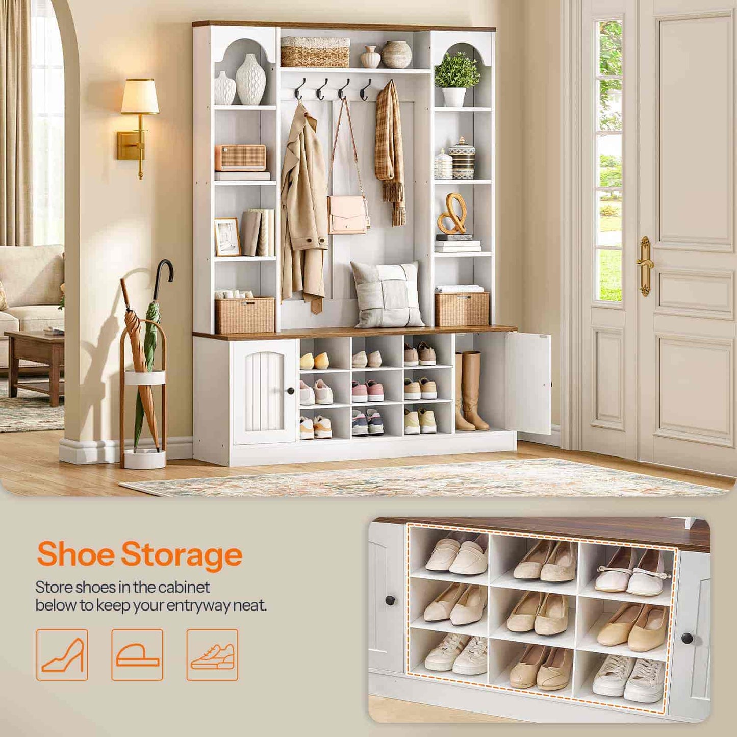 Marketing infographic of the entryway shoe rack bench highlighting high-capacity footwear grid compartments with an overlay zoom view.