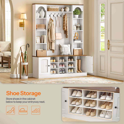 Marketing infographic of the entryway shoe rack bench highlighting high-capacity footwear grid compartments with an overlay zoom view.