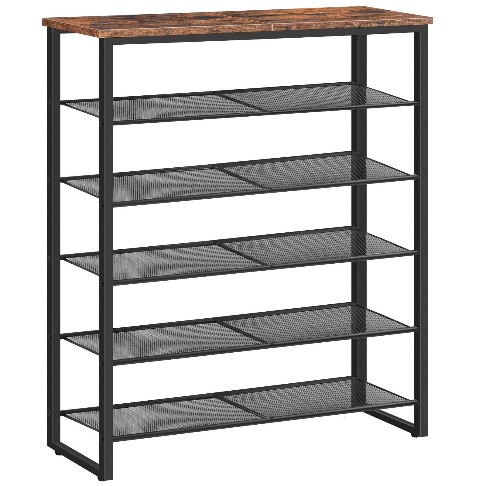 Large industrial style metal shoe stand with a premium rustic brown wood top shelf