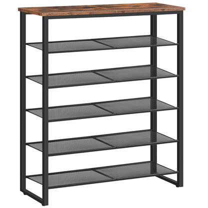 Large industrial style metal shoe stand with a premium rustic brown wood top shelf