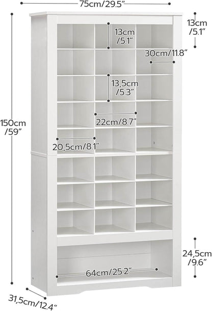 Detailed size chart for the white shoe cubby cabinet measuring 29.5 inches wide and 59 inches high.