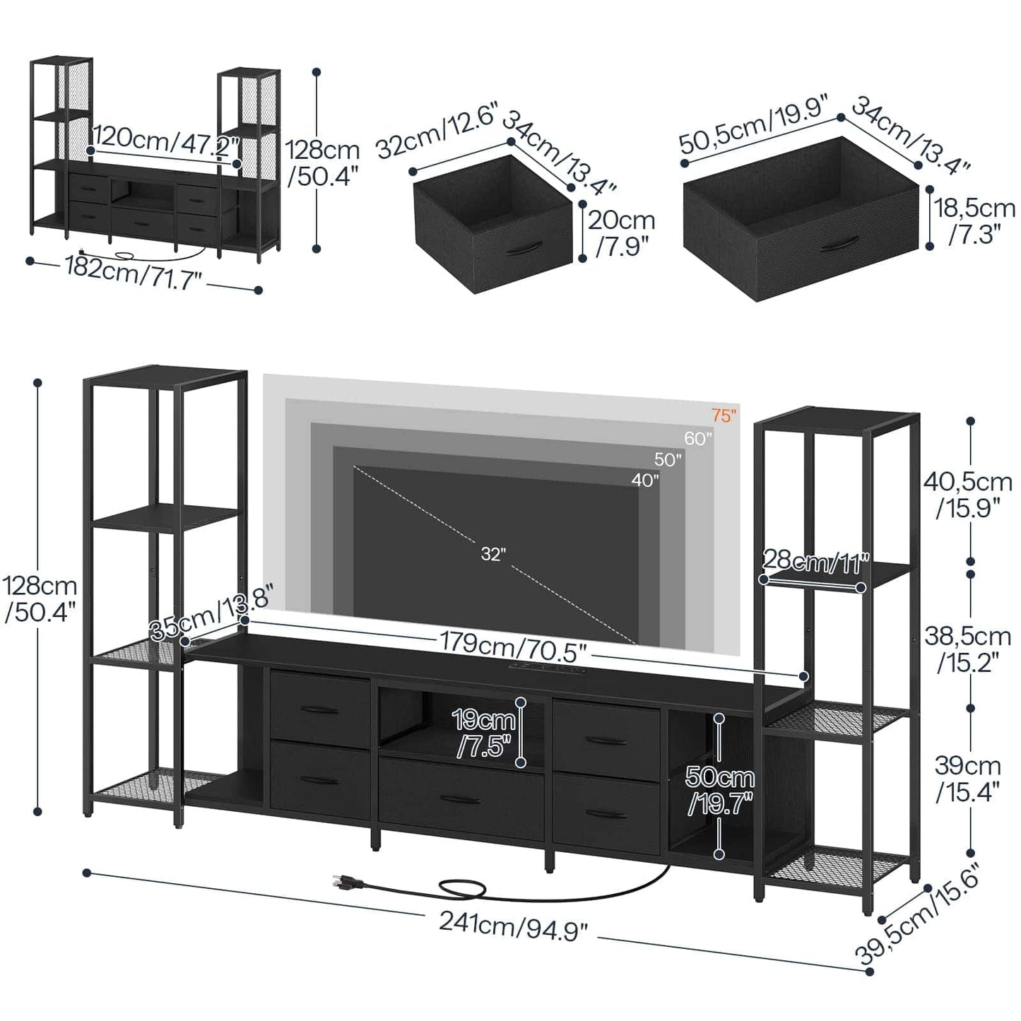 Black TV stand and shelving unit set with dimension callouts showing measurements for the console, side shelves, and storage boxes on a white background.