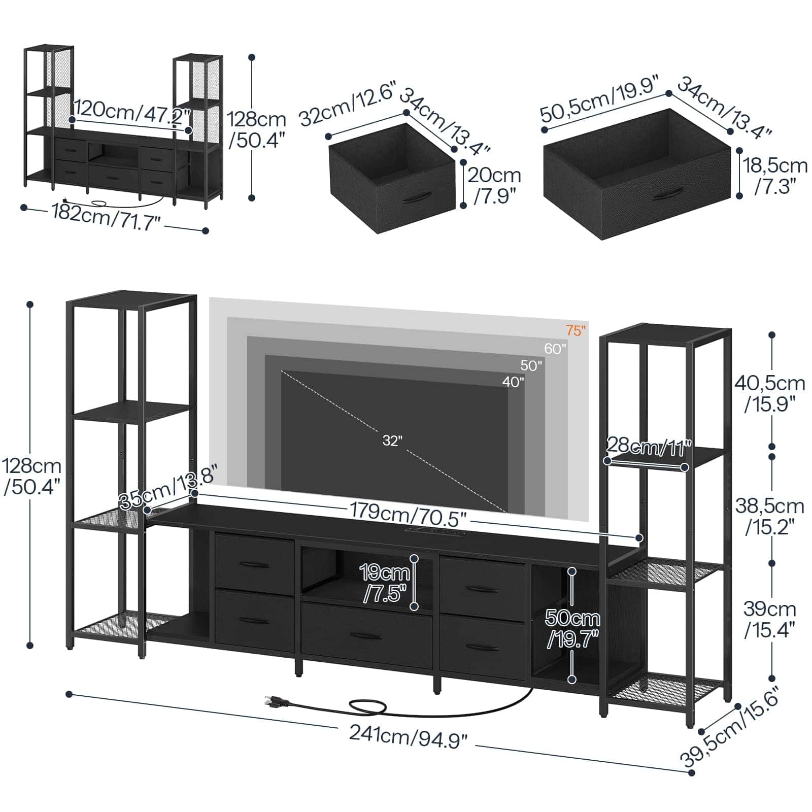 Black TV stand and shelving unit set with dimension callouts showing measurements for the console, side shelves, and storage boxes on a white background.