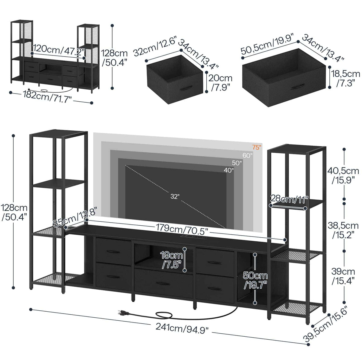Black TV stand and shelving unit set with dimension callouts showing measurements for the console, side shelves, and storage boxes on a white background.