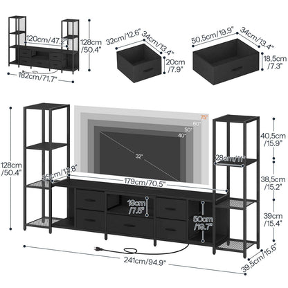 Black TV stand and shelving unit set with dimension callouts showing measurements for the console, side shelves, and storage boxes on a white background.