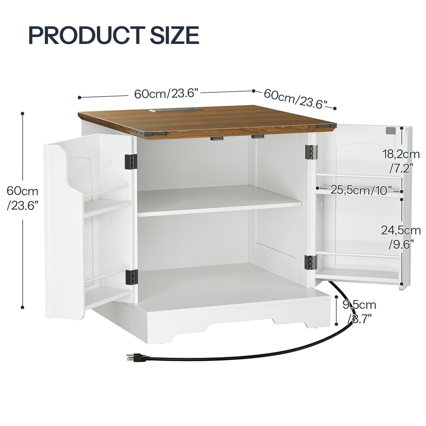 White cabinet with wooden top and dimensions labeled on a white background
