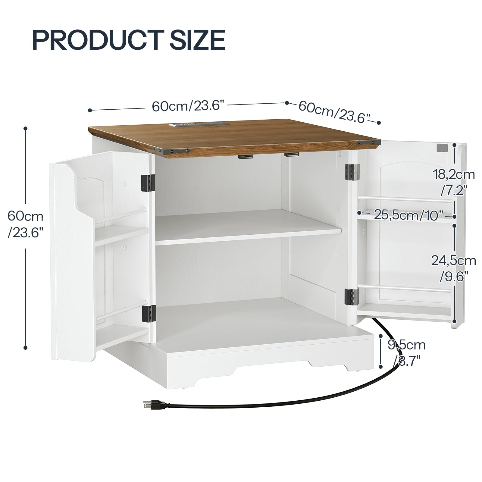 White cabinet with wooden top and dimensions labeled on a white background
