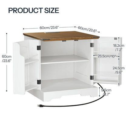 White cabinet with wooden top and dimensions labeled on a white background