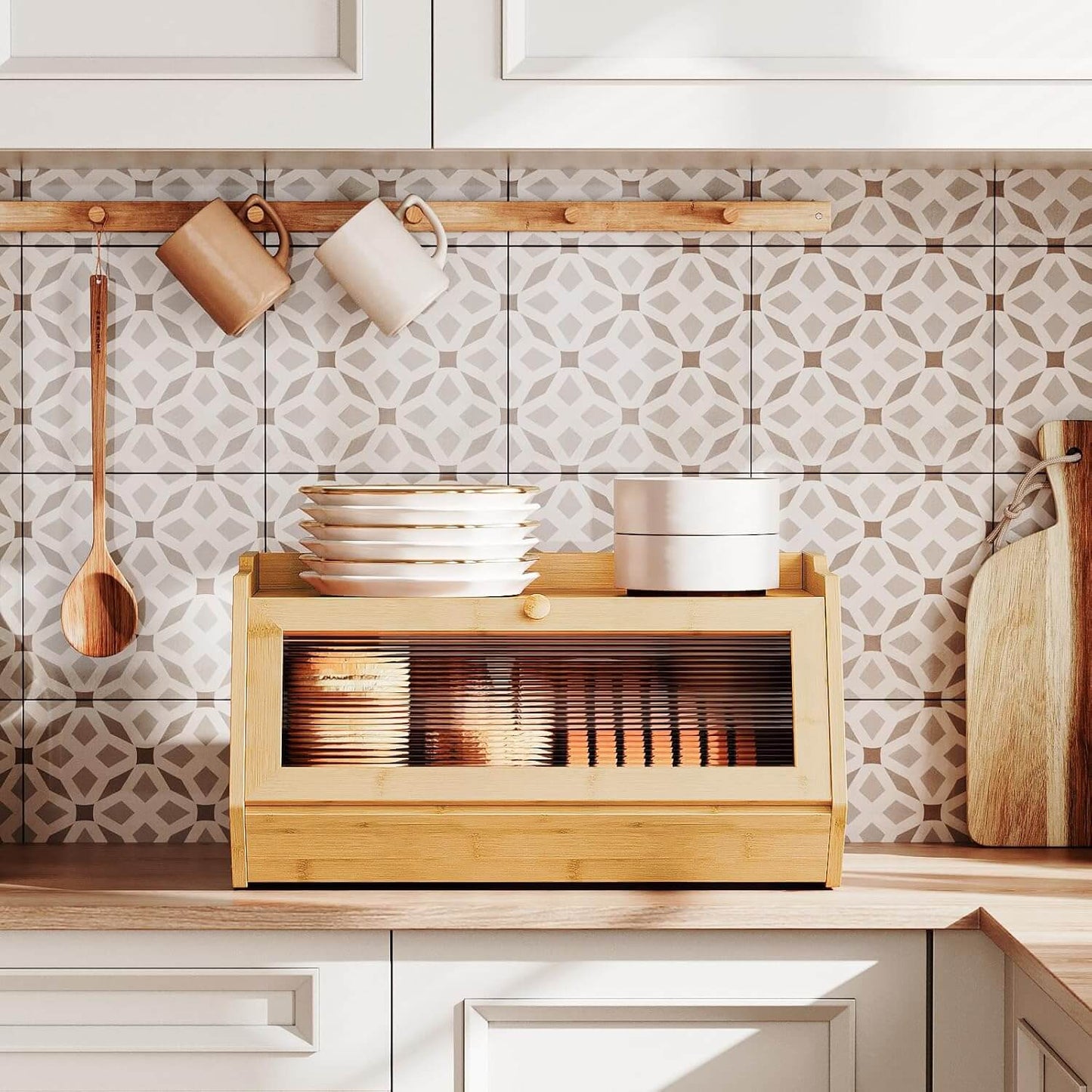 Wooden bread bin on a kitchen counter with patterned tiles in the background
