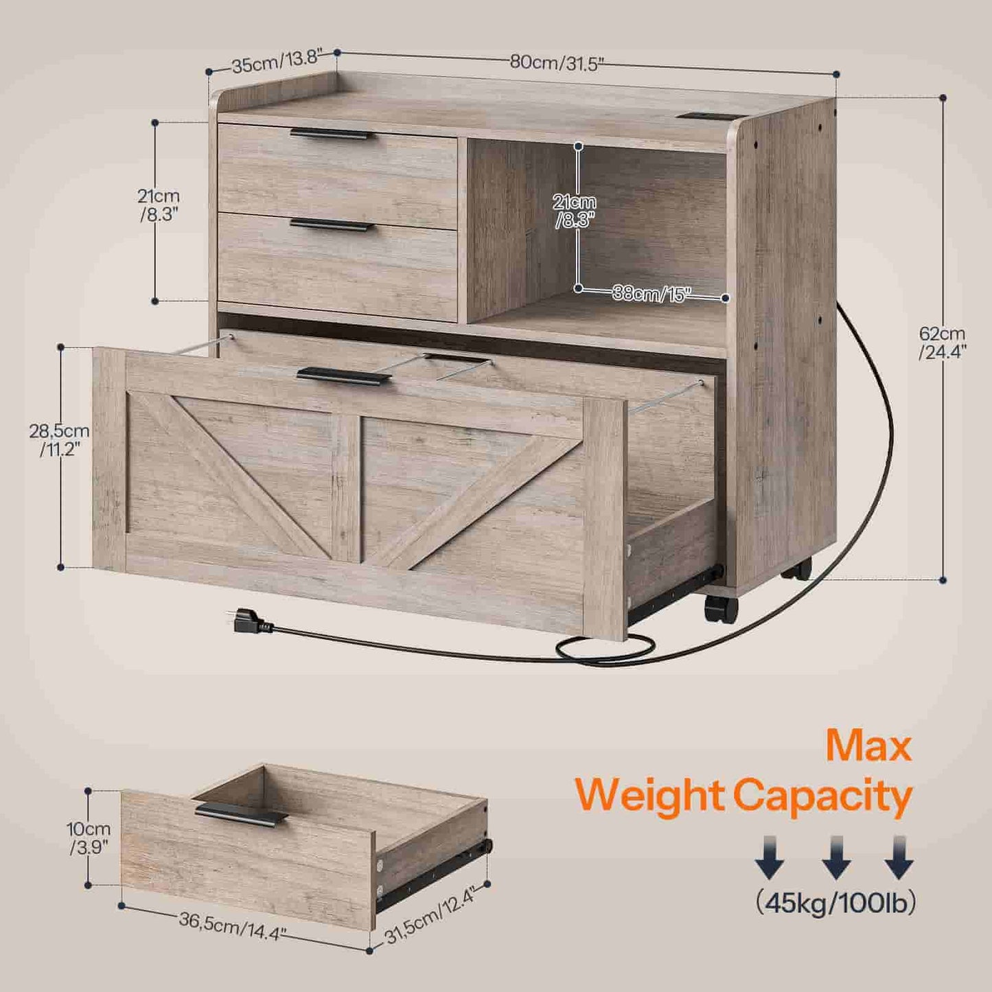 Detailed dimension and max weight capacity chart of the rolling printer stand file cabinet.