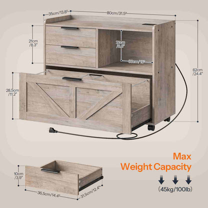 Detailed dimension and max weight capacity chart of the rolling printer stand file cabinet.