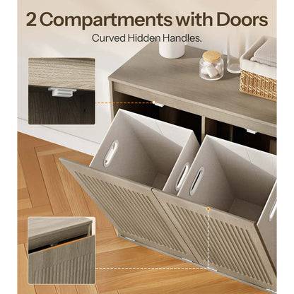 Product feature diagram showcasing the two independent storage compartments with stylish slatted doors.