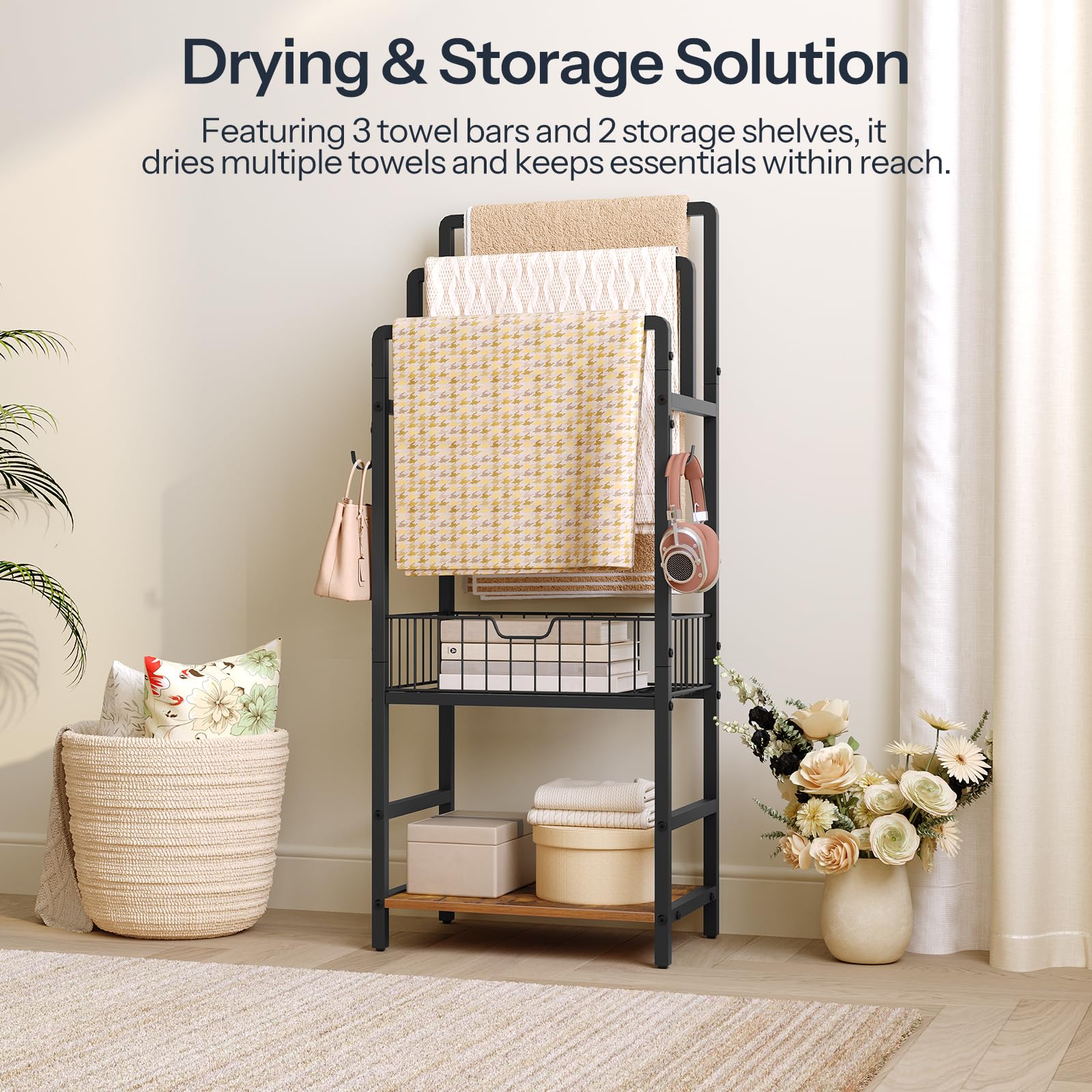 Versatile laundry room towel storage and drying solution rack keeping clean linens organized.