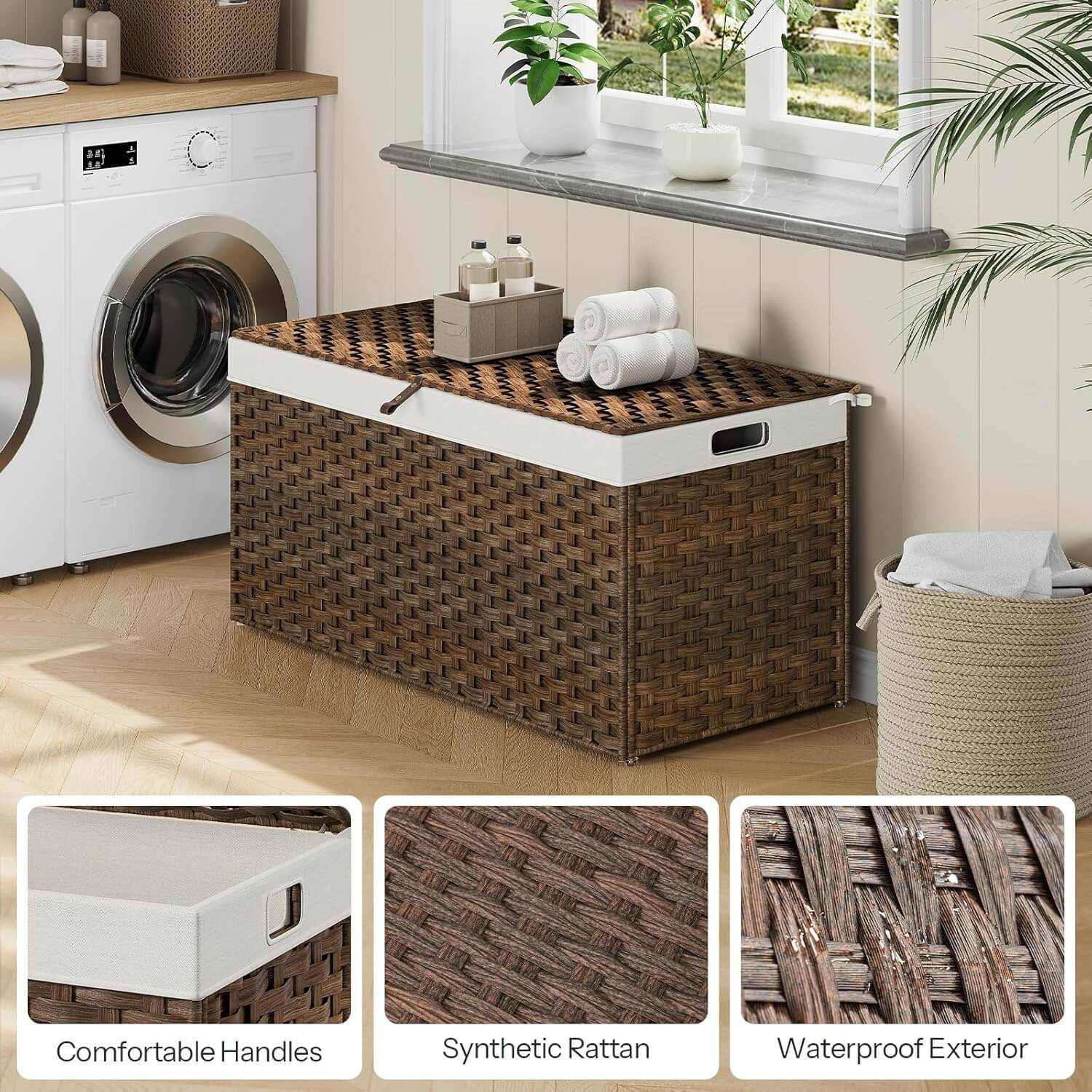Wicker laundry basket with white interior in a laundry room setting