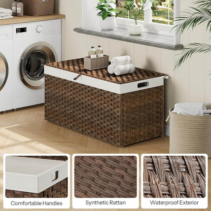 Wicker laundry basket with white interior in a laundry room setting