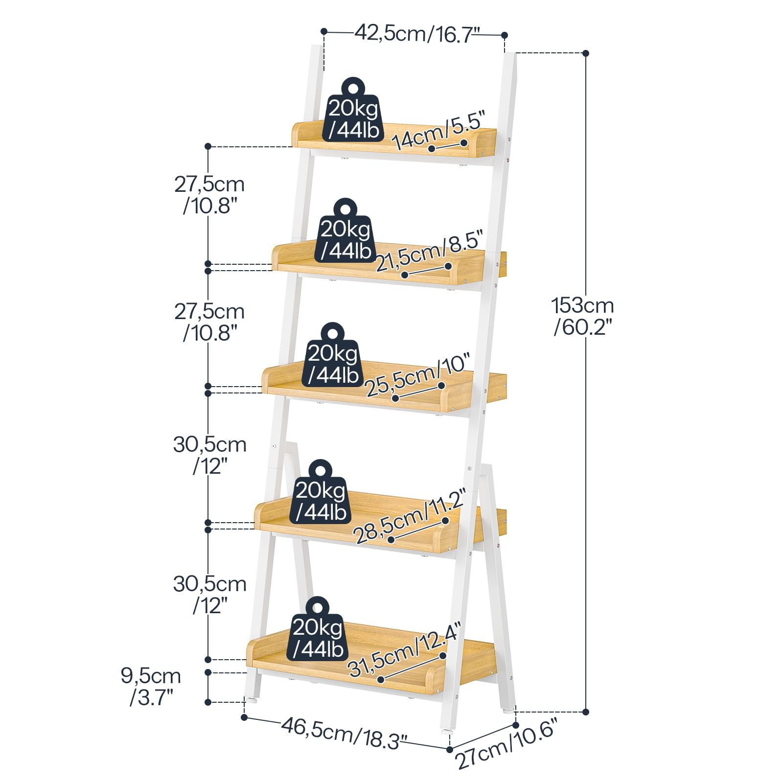 Measurement chart of a four-tier wooden shelf with weight capacity labels on a white background