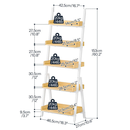 Measurement chart of a four-tier wooden shelf with weight capacity labels on a white background