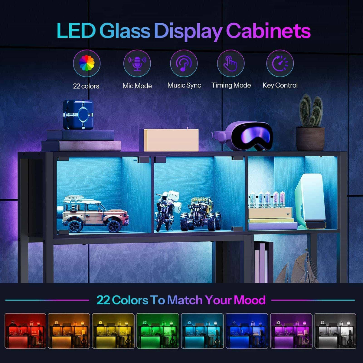 Technical view highlighting the LED glass display cabinets with color-switching bar indicators for showcasing action figures.