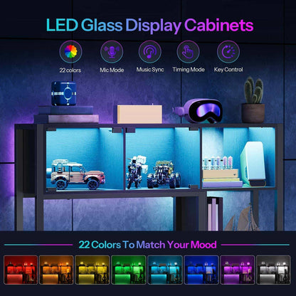 Technical view highlighting the LED glass display cabinets with color-switching bar indicators for showcasing action figures.
