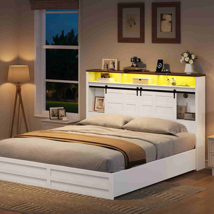  Freestanding farmhouse headboard with glowing ambient yellow lights and closed sliding barn doors next to a bed.