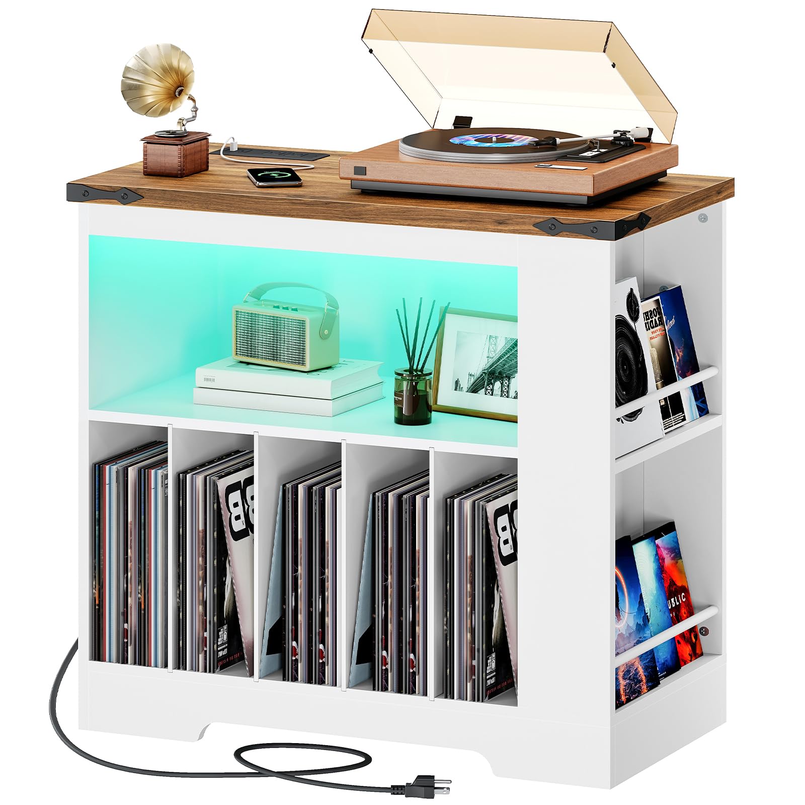LED record player stand in white and rustic brown showing a side storage rack and green glowing ambient lights.