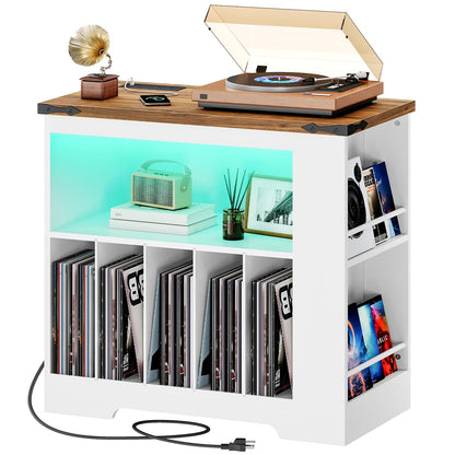 LED record player stand in white and rustic brown showing a side storage rack and green glowing ambient lights.