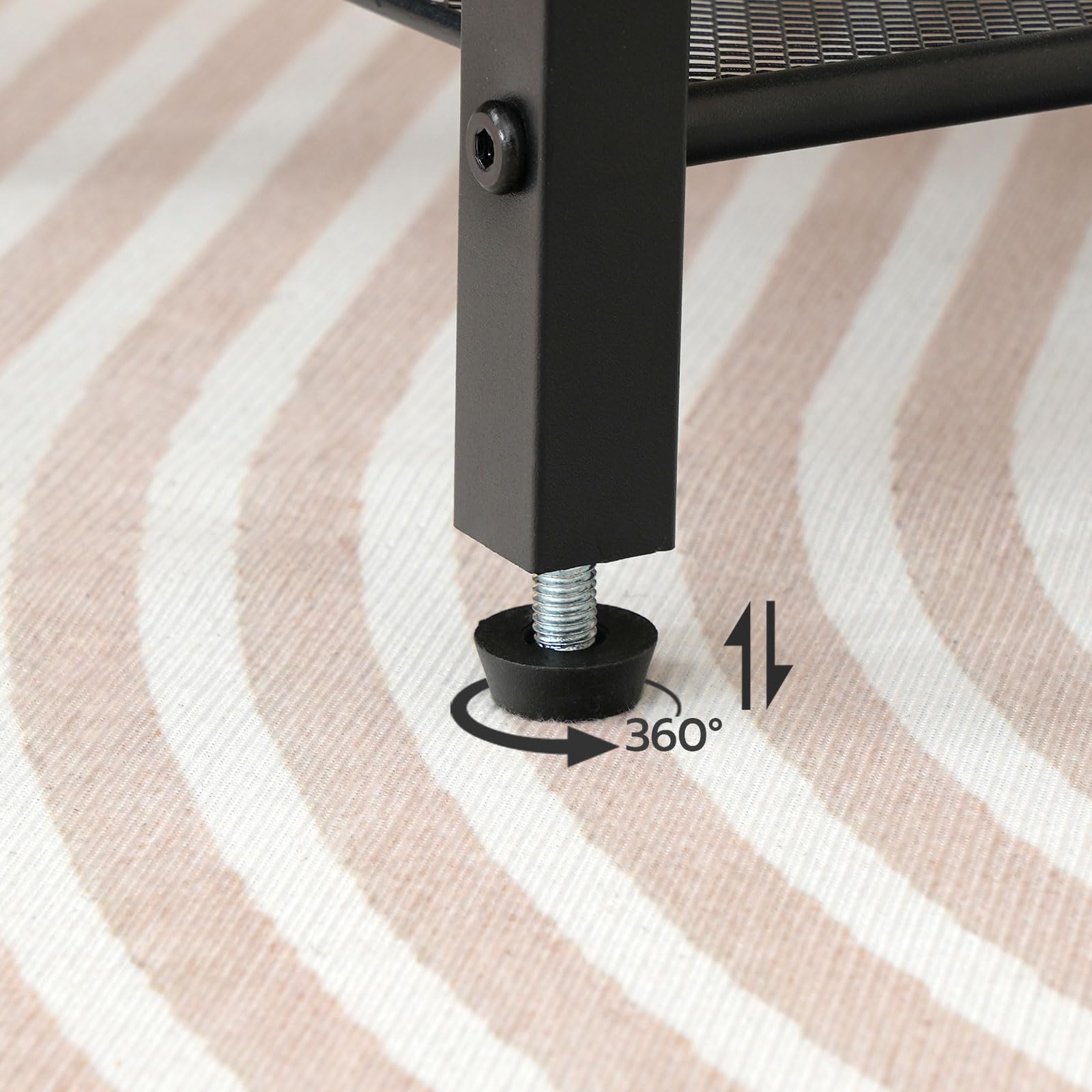 Close-up of 360-degree rotatable leveling feet and screw-in floor protectors under the metal frame.