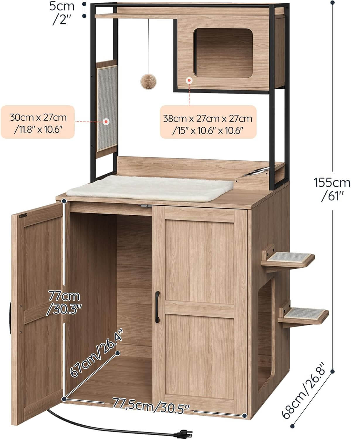 Wooden pet furniture with dimensions labeled