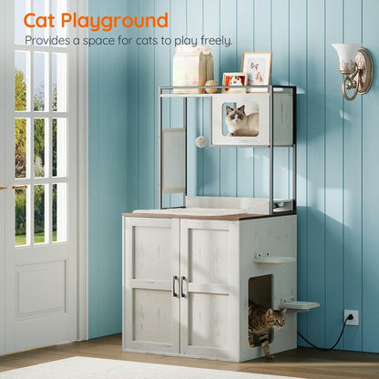 Cat playground with multiple levels and a cat peeking out, set against a blue wall.