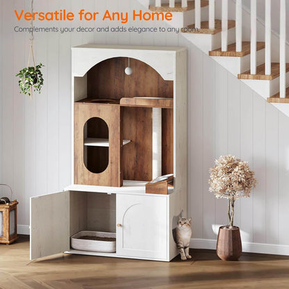Wooden pet playhouse with white base in a home setting, cat inside, text 'Versatile for Any Home'.