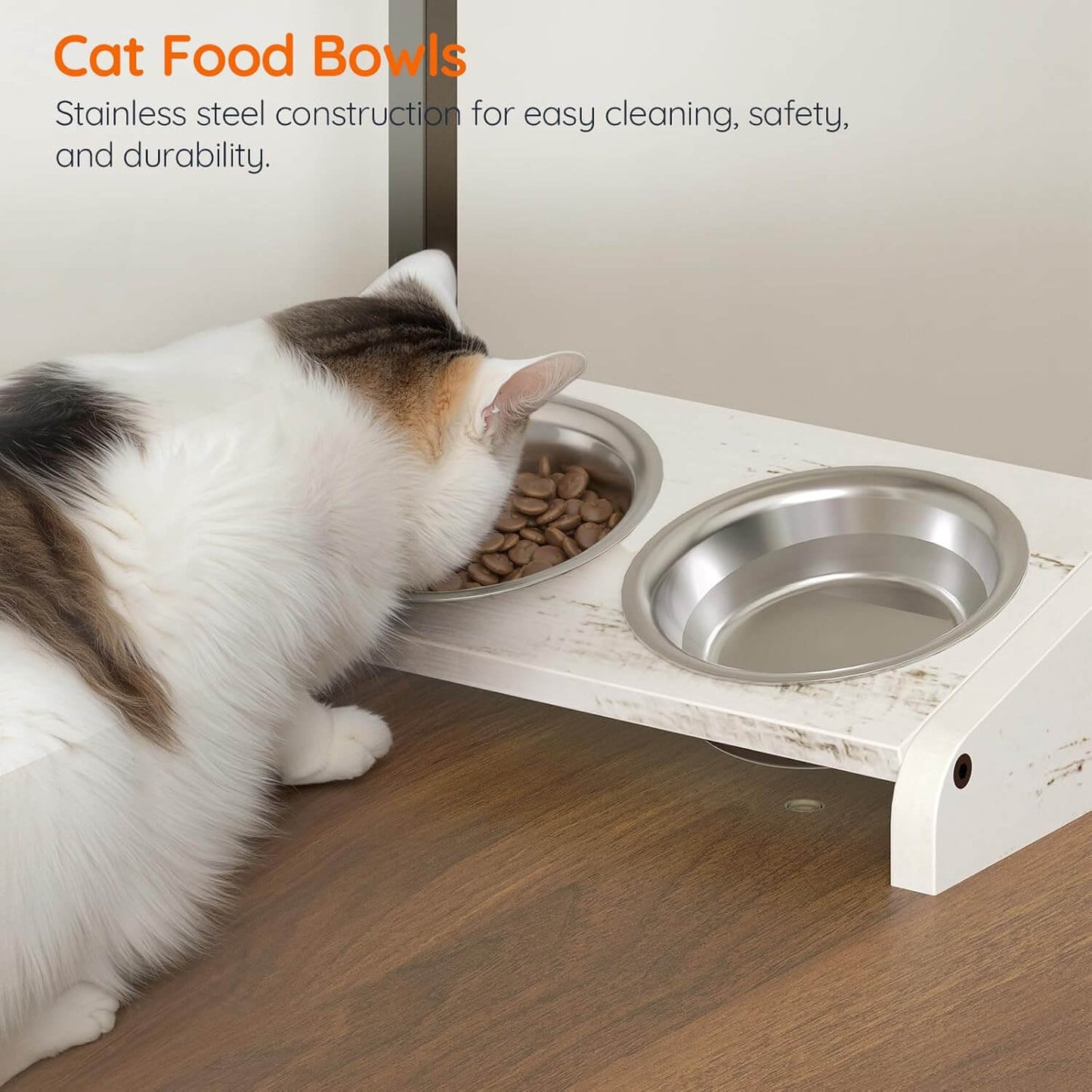 Cat eating from a stainless steel food bowl on a raised platform with text about durability.