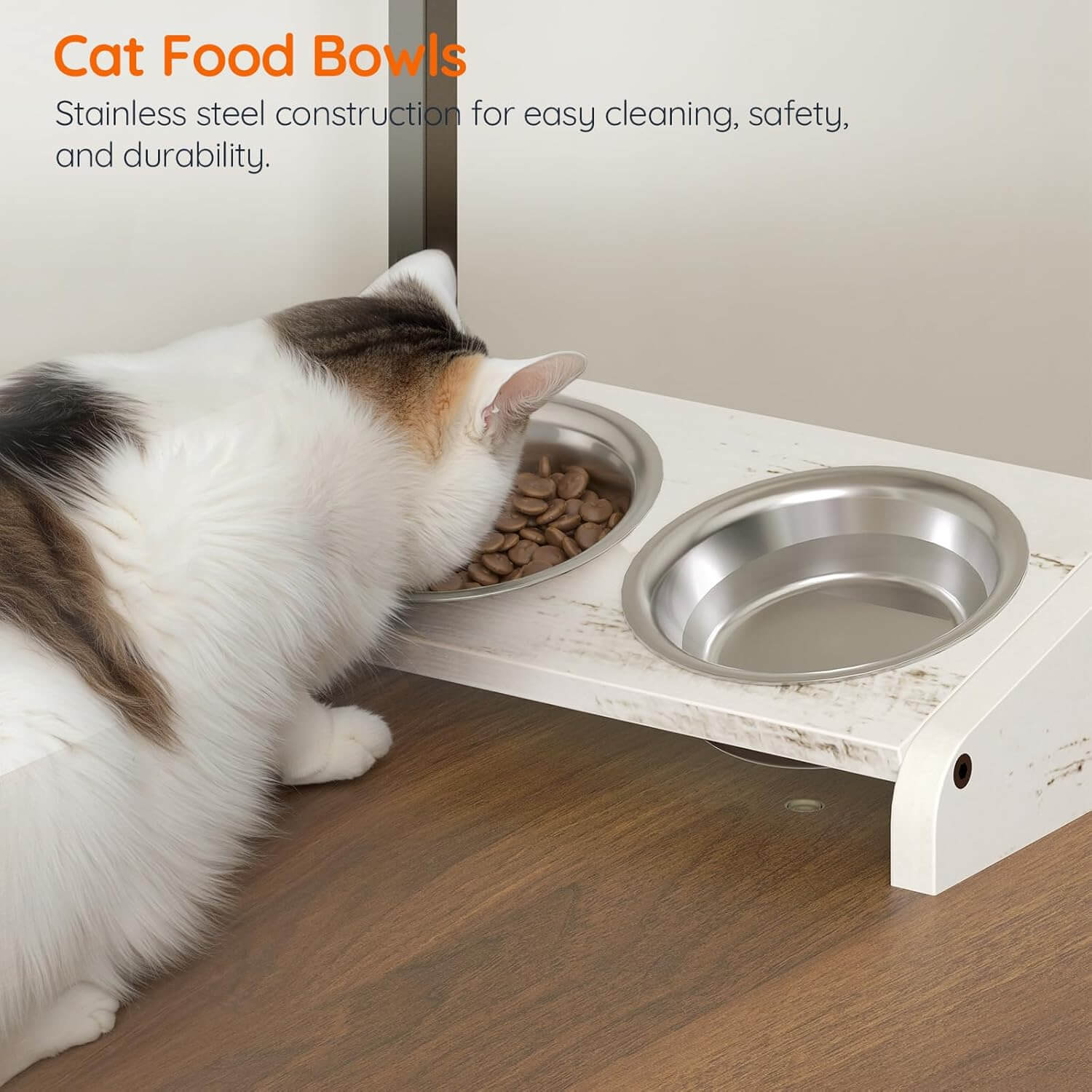 Cat eating from a stainless steel food bowl on a raised platform with text about durability.