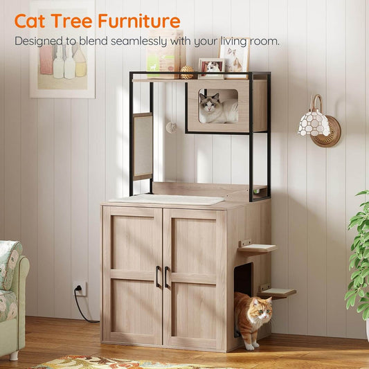 Cat tree furniture designed to blend with a living room, featuring a cat inside.