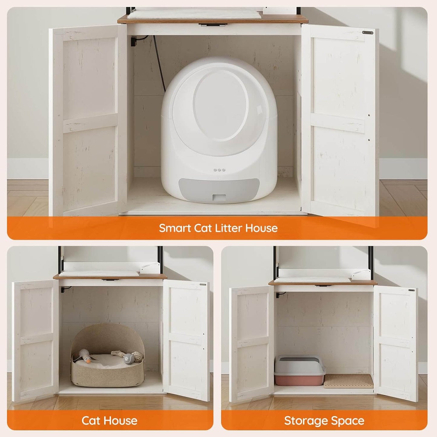 Smart cat litter house with additional features like a cat house and storage space.