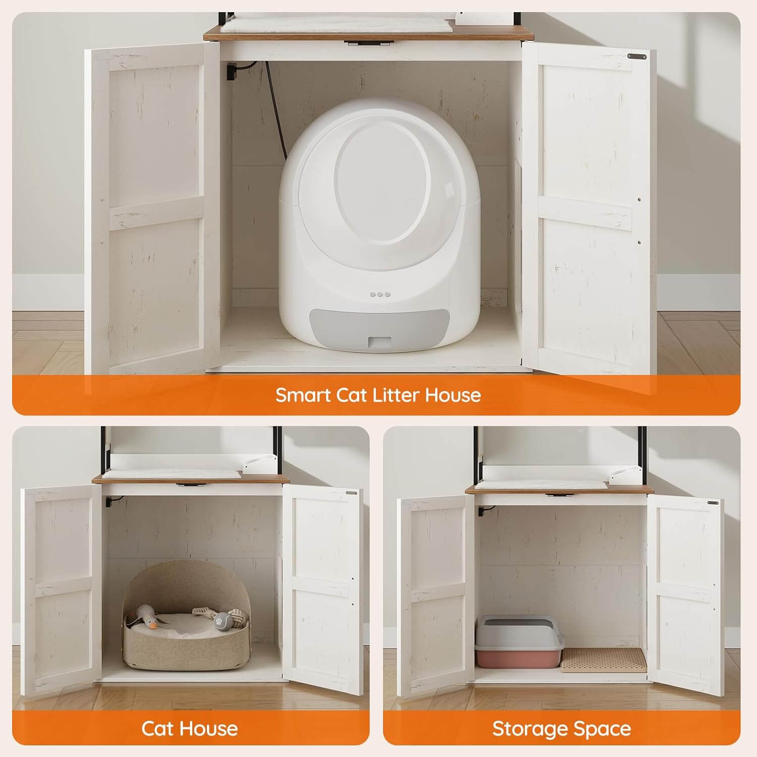 Smart cat litter house with additional features like a cat house and storage space.
