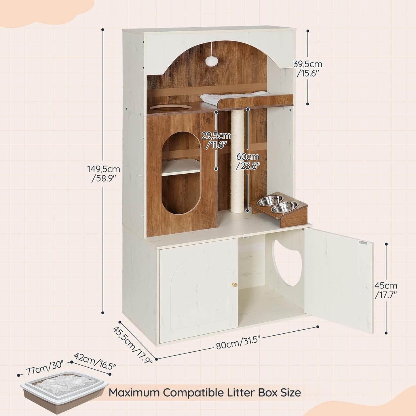 Wooden pet playhouse with dimensions labeled on a light pink background
