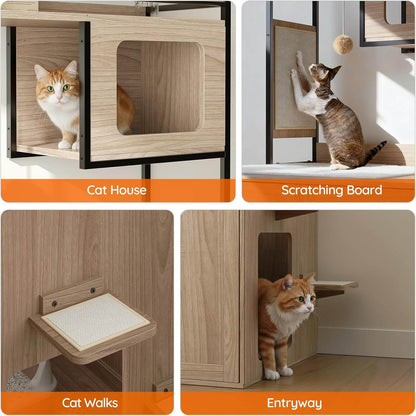 Collage of a wooden cat house, scratching board, and entryway with cats interacting.