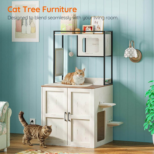 Cat tree furniture with cats in a living room setting