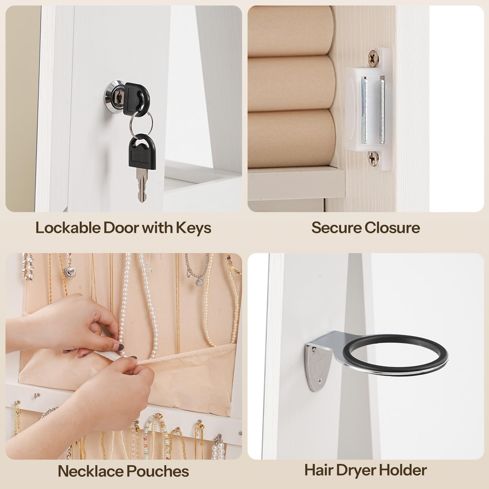 Collage of a lockable door with keys, secure closure, necklace pouches, and a hair dryer holder.
