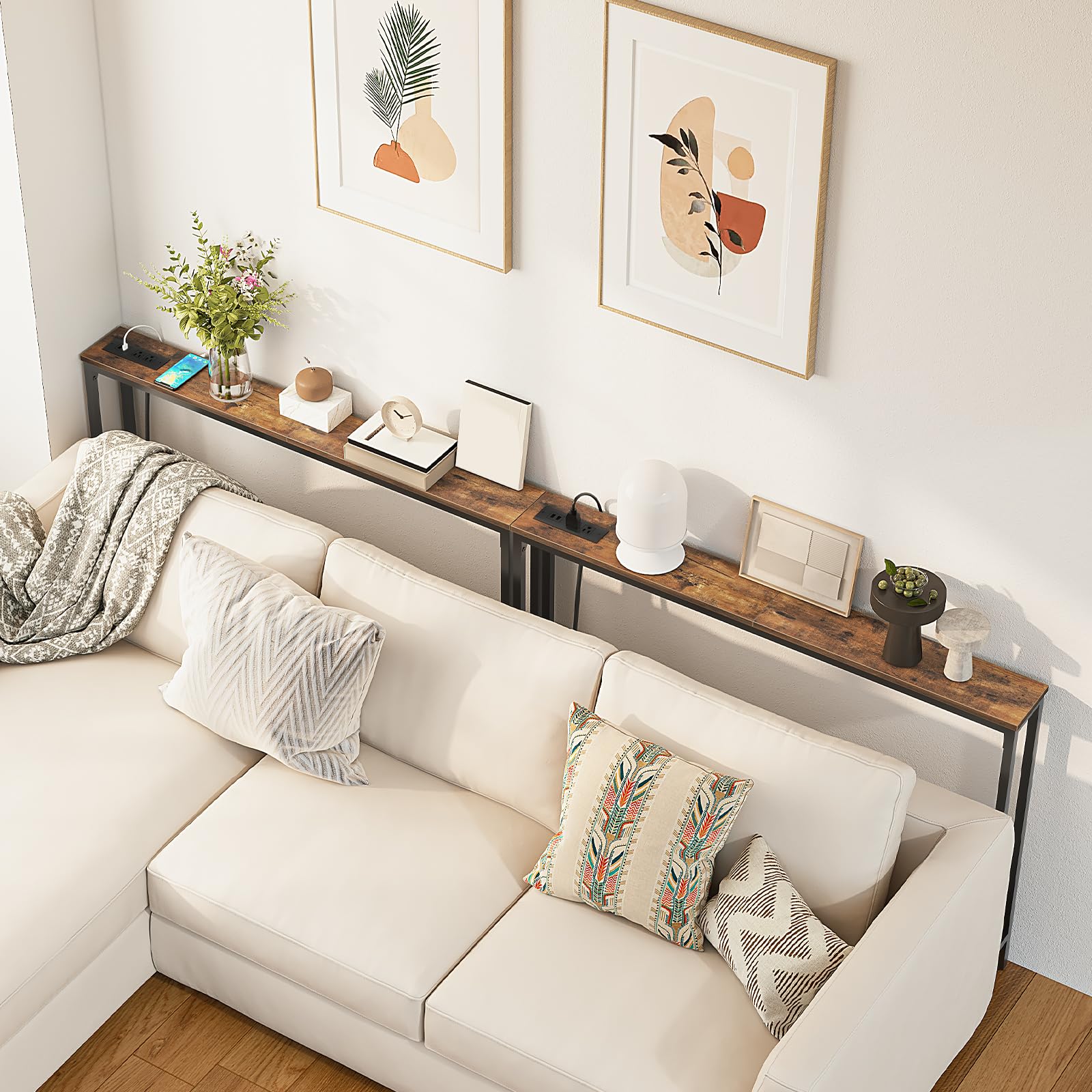 Long skinny sofa table arrangement behind a large L-shaped couch for saving space